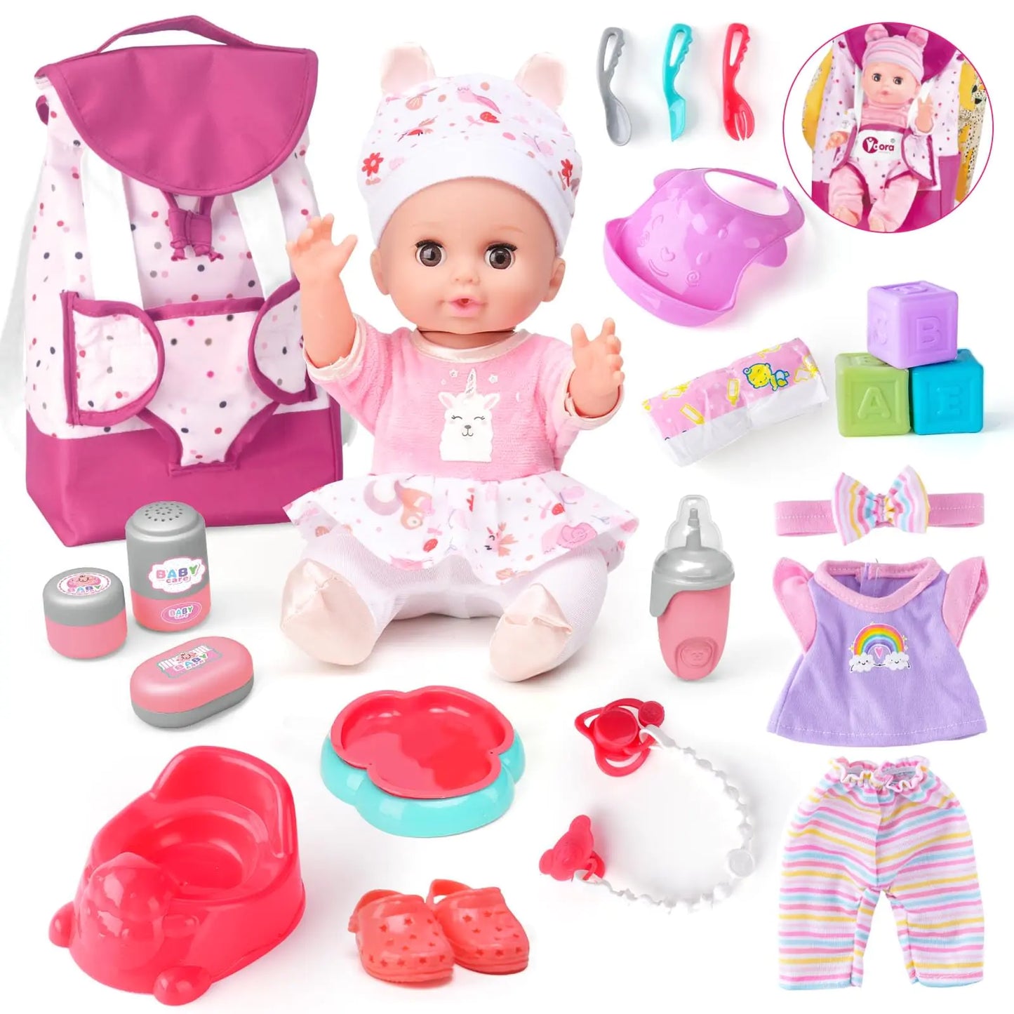 AuntyFey Baby Doll with Accessories Set Baby Dolls Set for Toddler Girls 3-5 6-12 Toddler Baby Doll Set Baby Doll Playset Baby Dolls for 5 Year Old Girls Baby Doll Toys Pretend Play Toy(BackPack)