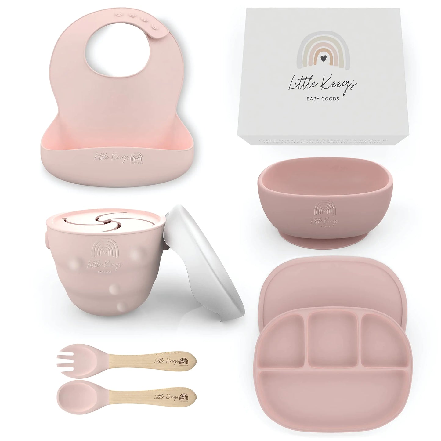 Little Keegs Baby Feeding Set - Baby Must Haves Gift Set - Baby Led Weaning Supplies - Toddler Silicone Dishes - Suction Baby Bowl Bib Snack Cup Utensils Baby Plate Set of 8 (Pink)