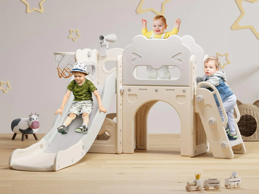 Babytronic Toddler Slide 7 in 1 Kids Indoor Slide for Toddler 1-3 Indoor Outdoor Toddler Slide Playset with Basketball Hoop and Telescope Baby Indoor Slide Toddler Playground(White&Gray)