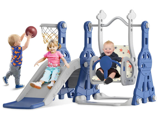 BIERUM 4 in 1 Toddler Slide and Swing Set Kid Slide for Toddlers Age 1-2 Baby Slide with Basketball Hoop Indoor Outdoor Slide Toddler Playset Toddler Playground Blue