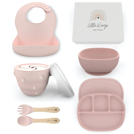 Little Keegs Baby Feeding Set - Baby Must Haves Gift Set - Baby Led Weaning Supplies - Toddler Silicone Dishes - Suction Baby Bowl Bib Snack Cup Utensils Baby Plate Set of 8 (Pink)