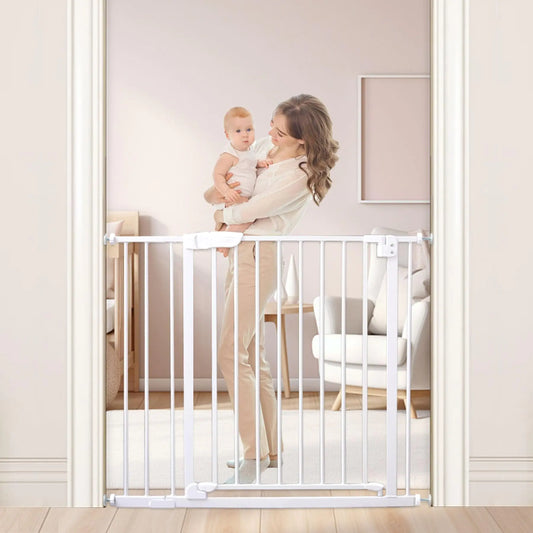 Upotif® 33.5-37.5" Baby Gate for Stairs Automatic Closing Extra Wide Dog Gate Pressure Borehole Double Mounting Children Walk Safe Children Gate Durable Children Gate White