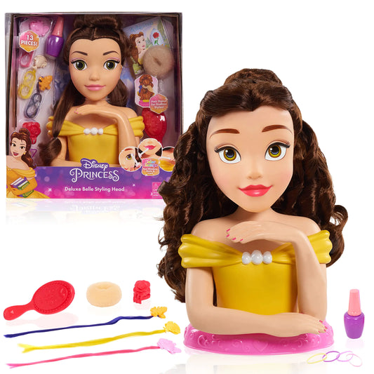 Disney Princess Deluxe 14-inch Belle Styling Head with 12 Hair Styling Accessories 13-pieces Kids Toys for Ages 3 Up by Just Play