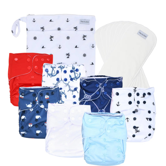 Maison Des BéBé AIO Hybrid Cloth Diapers 7 Pack with 14 Inserts & 1 Wet Bag - Waterproof Cover Washable Reusable & Adjustable Pocket Diapers for Newborns and Toddlers (Nautical)