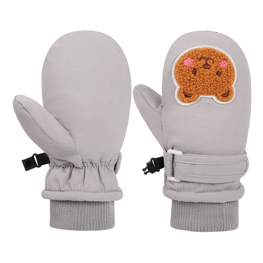 Huuflyty Toddler Mittens Winter Snow Cute Bear Gloves Infant Waterproof Mitten Warm Fleece Kid Ski Gloves for Boys Girls (Grey 2-4 Years)